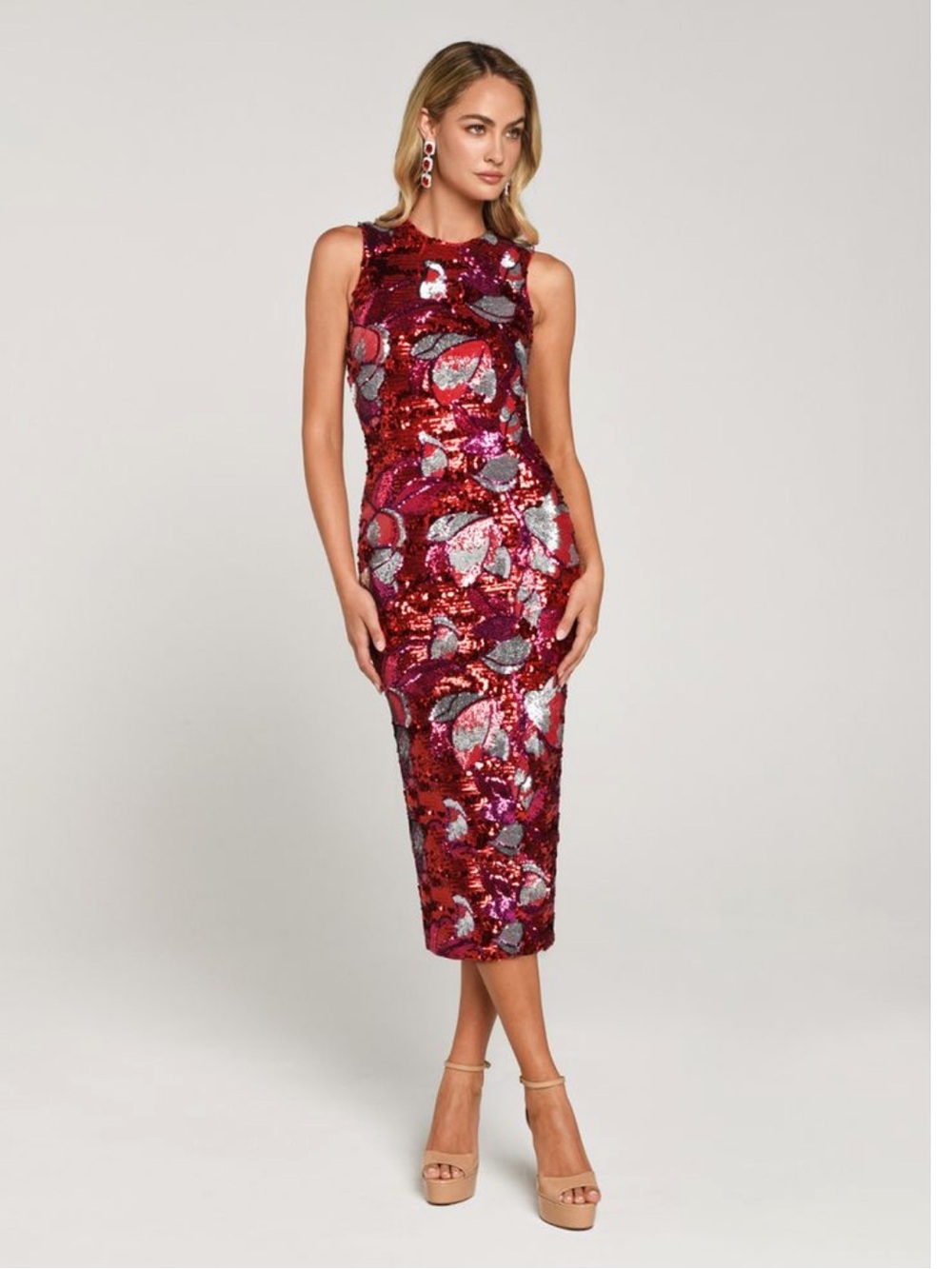 Helsi Alex Dress Red Sequin Floral Midi Gala Occasion Gown Small Prom Black Tie